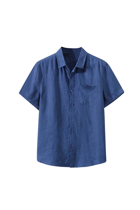 Mens Casual Linen Button Down Short Sleeve Shirts Beach Summer Spread Collar Pocket Tops Dark Blue 2XL