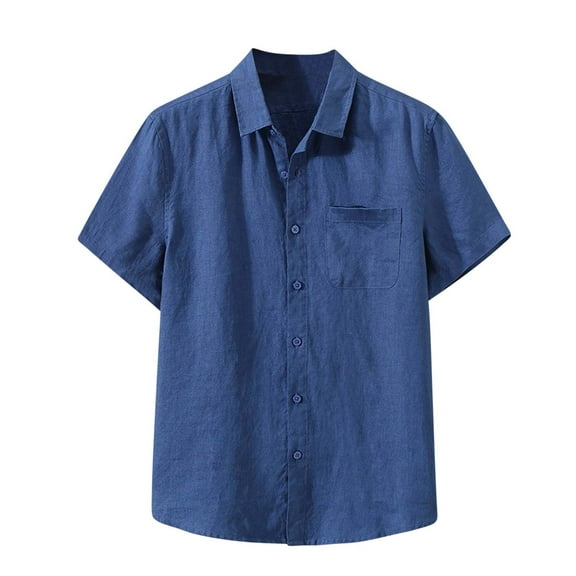 Tauxra Mens Casual Linen Button Down Short Sleeve Shirts Beach Summer Spread Collar Pocket Tops Dark Blue M