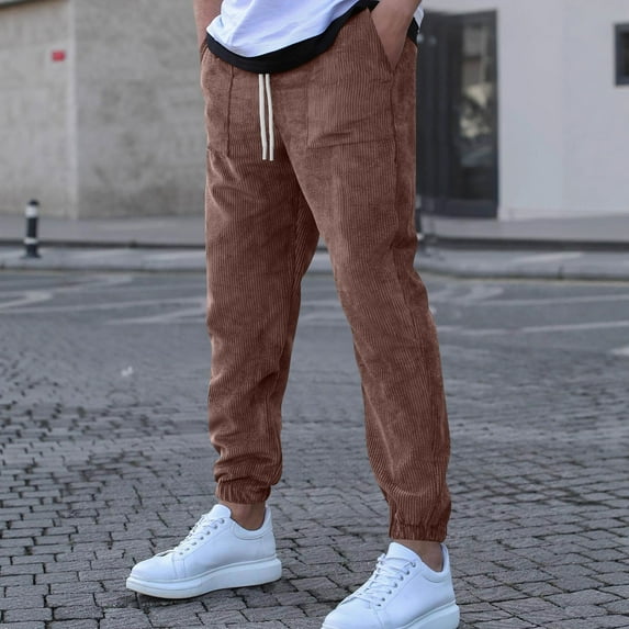 Tauxra Mens Jogger Pants,Men's Casual Corduroy Solid Color Pocket Drawstring Elastic Waist Cuffed Pants,Mens Joggers with Pockets