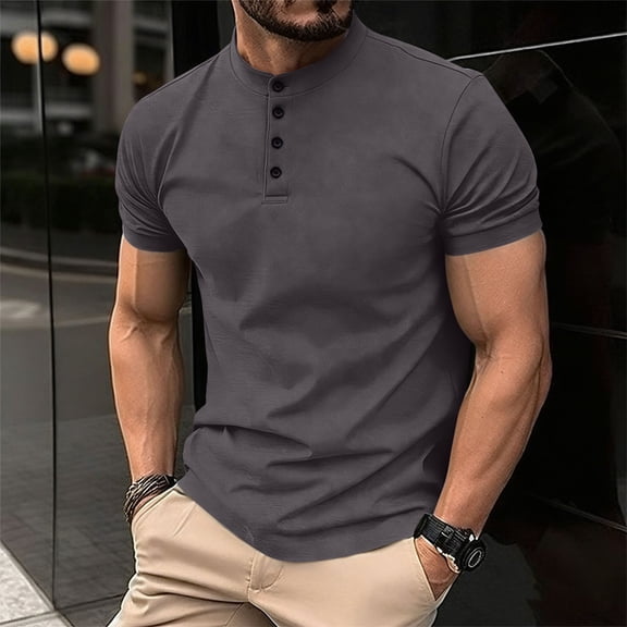 Tauxra Mens Short Sleeve Button Down, Round Neck Button Down Casual Solid Color Sportswear Top, Men's Short Sleeve Shirt