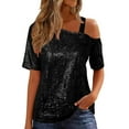 thumbnail image 1 of Tauxra Off Shoulder Top for Women Sparkly Solid Color Spliced Short Sleeve Casual Shirt with One Shoulder Design, 1 of 9
