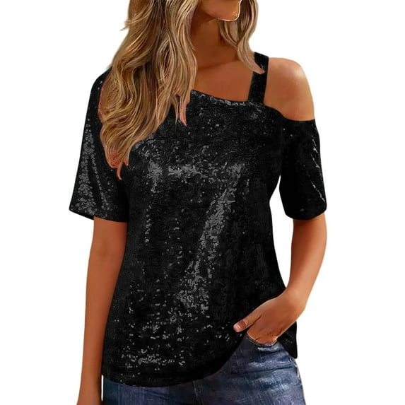 Tauxra Off Shoulder Top for Women Sparkly Solid Color Spliced Short Sleeve Casual Shirt with One Shoulder Design