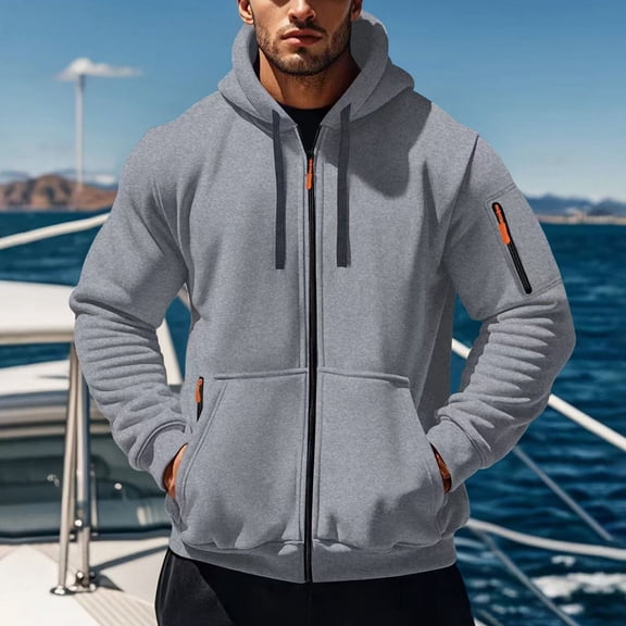 Tauxra Outerwear for Men,Men's Casual Fashion Solid Color Ribbed Hem Jacket Long-Sleeve Zip Up Pocket Outwear with Drawstring Hood