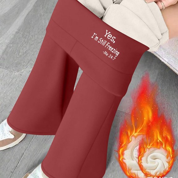 Tauxra Pants for Women,Women's Letter Print Double Fleece High Waist Flared Pants,Leggings for Women