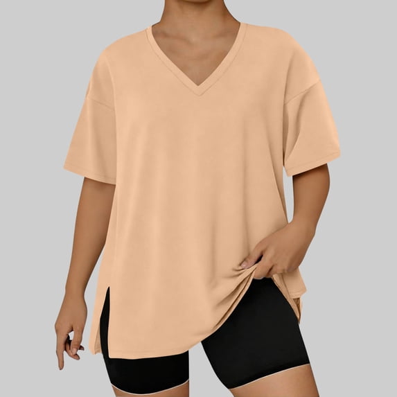 Tauxra Plus Size Casual Tops for Women, V-Neck Short Sleeve Pullover with Hem Slit, Comfortable All-Season Wear for Home and Daily Use