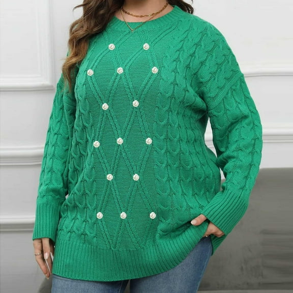 Tauxra Plus Size Tops,Plus Size Sweaters,Women's Beaded Detail Round Neck Long Sleeve Knit Sweater,Plus Size Pullover,Plus Size Clothes