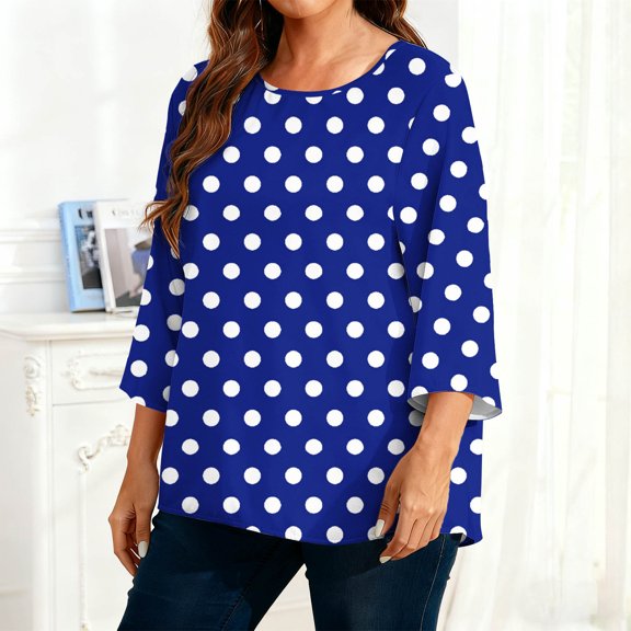 Tauxra Plus Size Tops, Round Neck Polka Print Casual Loose Top, Women's Plus Size Long Sleeve T-Shirt