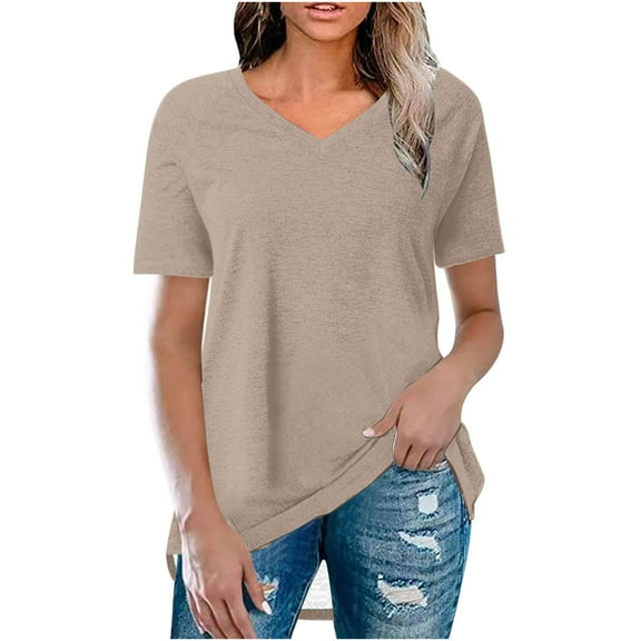 Tauxra Plus Size V Neck T Shirts Women Short Sleeve Tops Casual Summer Tshirts Loose Fit Tee Khaki 2XL