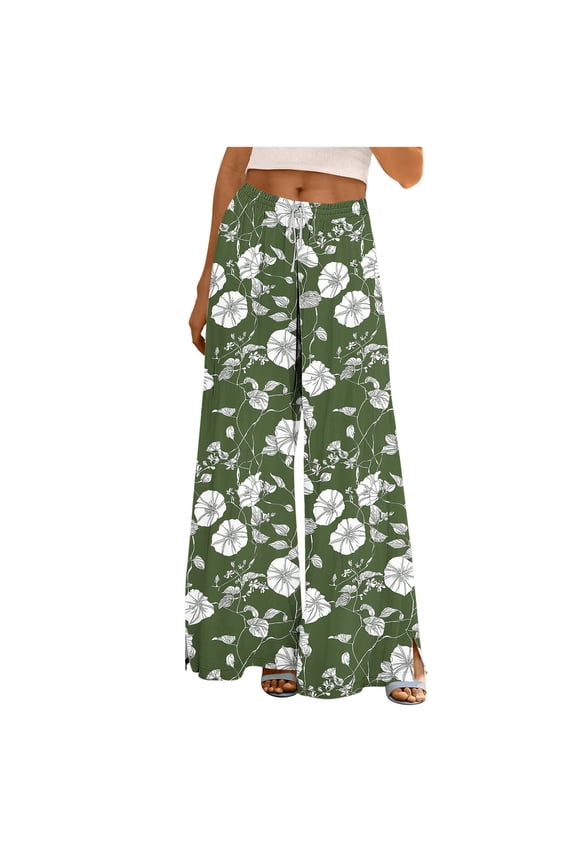 Printed Pants for Women with Elastic Waist and Pockets, Casual Loose Fit Split Hem Wide Leg Trousers for Daily Wear