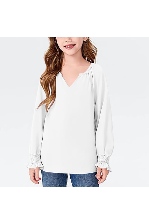 Puff Sleeve Top,Long Sleeve Top,Solid Color Girls Puff Sleeve Top for 6-16 Years,Long Sleeve V Neck Loose Blouse,Long Sleeve Tops