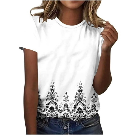 Tauxra Pullover Top for Women with Floral Print, Short Sleeve and Crew Neck, Casual Loose Fit T-Shirt for Daily Wear