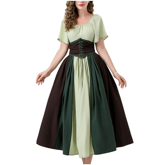 Tauxra Renaissance Dress for Women Medieval Short Sleeve Costume with Belt in Solid Green for Theme Parties and Daily Wear