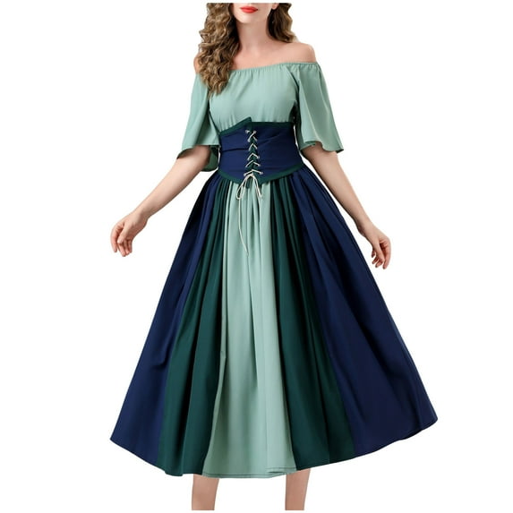 Tauxra Renaissance Dress for Women Medieval Short Sleeve Costume with Belt in Solid Green for Theme Parties and Daily Wear