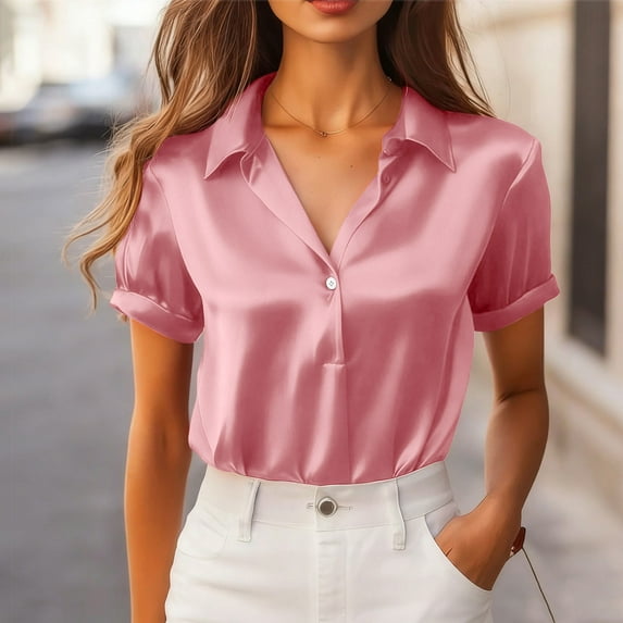 Tauxra Satin Blouse for Women, Short Sleeve Button Down Shirt, Casual Work Office Tops with Lapel Collar