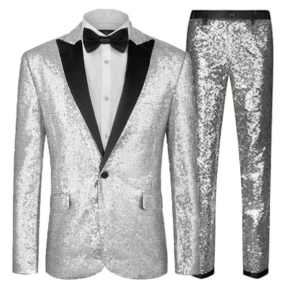 Tauxra Sequin Pants Suit,Men's Solid Color Sequin Blazer Set,Long Sleeve Lapel Suit with Pocket Pants