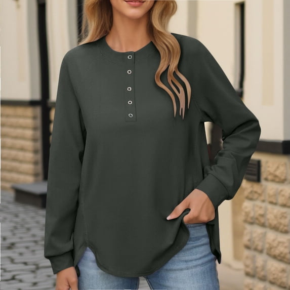 Tauxra Shirts for Women,Button Round Neck Sweatshirt for Women,Long Sleeve Solid Color Casual Top,Womens Fall Clothes,Sweatshirts for Women