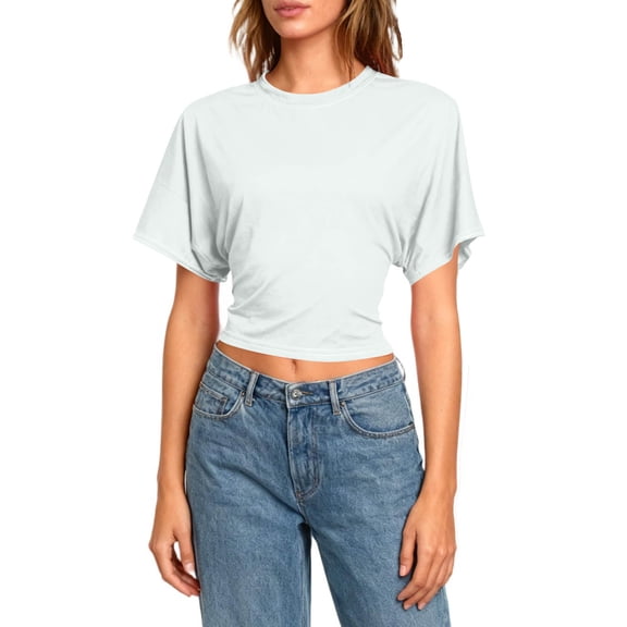 Tauxra Short Sleeve Shirts for Women, Round Neck Backless Cutout Casual Batwing Sleeve Crop Top, Women's Short Sleeve T-Shirt