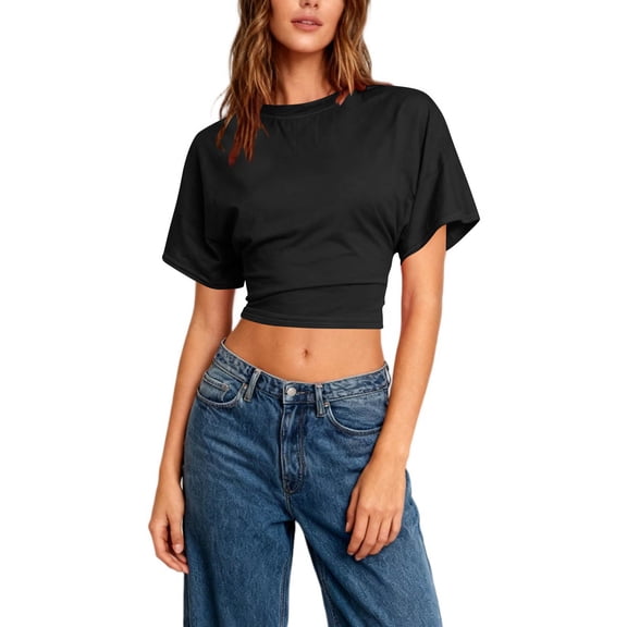 Tauxra Short Sleeve Shirts for Women, Round Neck Backless Cutout Casual Batwing Sleeve Crop Top, Women's Short Sleeve T-Shirt