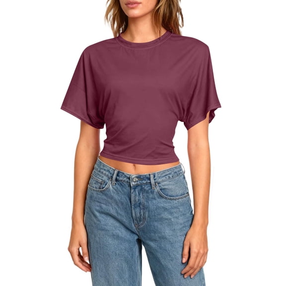 Tauxra Short Sleeve Shirts for Women, Round Neck Backless Cutout Casual Batwing Sleeve Crop Top, Women's Short Sleeve T-Shirt