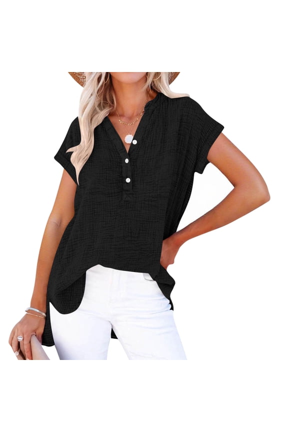 Short Sleeve V-Neck Top for Women with Button Front and Side Slit Hem, Casual Pullover Blouse in Solid Colors for Daily Wear