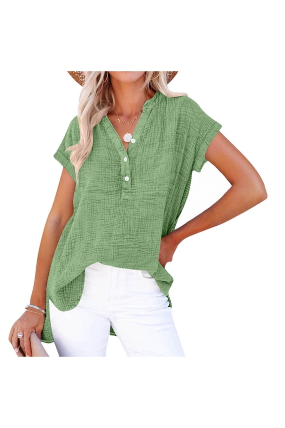Short Sleeve V-Neck Top for Women with Button Front and Side Slit Hem, Casual Pullover Blouse in Solid Colors for Daily Wear