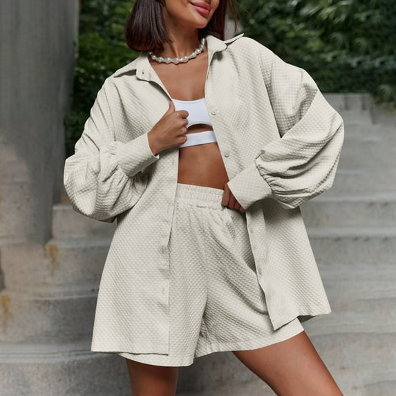 Tauxra Shorts for Women,Shorts for Women Casual Summer,Long Sleeve Top and Shorts Set for Women, Solid Color Casual Lapel Pocket,Womens Shorts for Summer
