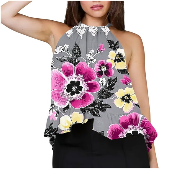 Tauxra Sleeveless Top for Women, Non Positioning Printed Loose T-shirt with Halter Neck, Back Tie and Flounced Hem in Casual Style