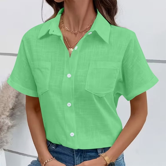 Tauxra Solid Color Tops for Women, Casual Short Sleeve Blouse, V Neck Button Up Shirt for Daily Wear