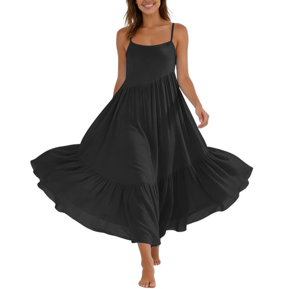 Tauxra Spaghetti Strap Maxi Sundress for Women Loose Fit Ruffled Tiered Asymmetric Hem Solid Color Flowy Beach Summer Vacation