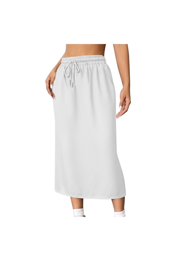 Split Skirt For Women, Loose Fit Elastic Waist Solid Color, Casual and Commuting Midi Skirt with Side Slit for Sports and Leisure