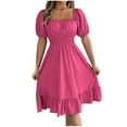 thumbnail image 1 of Tauxra Square Neck Dress with Ruffle Hem For Women, Short Sleeve Summer Casual Waist Cinching Solid Color Midi Length, 1 of 6