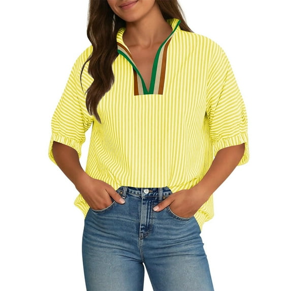 Tauxra Striped Shirt for Women, V-Neck with Quarter Sleeves, Lightweight Polyester Blouse for Spring and Summer Casual Wear