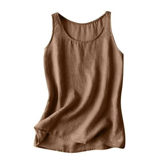 Tauxra Summer Cotton Linen Tank Tops Women Sleeveless Crew Neck Shirts Elegant Solid Color Lightweight Comfy Blouses Brown 3XL