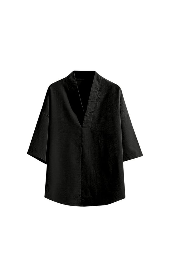 Summer Men's Ice Silk Breathable Casual Hanfu Retro T-Shirt Top V-Neck Basic Loose Solid Color Plus Size Top Black 4XL