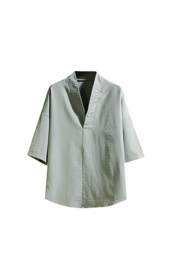Summer Men's Ice Silk Breathable Casual Hanfu Retro T-Shirt Top V-Neck Basic Loose Solid Color Plus Size Top Green L