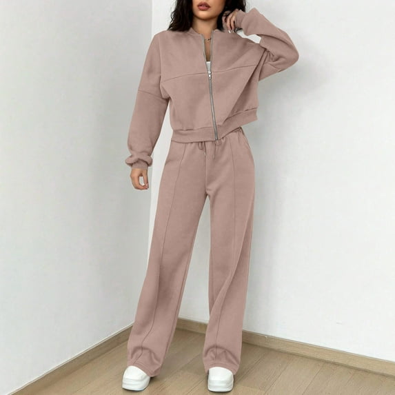 Tauxra Sweaters for Women,Cardigan Sweaters for Women,Long Sleeve Pants Set for Women, Solid Color Zippered Cardigan Sweater Straight Leg,Cardigan for Women