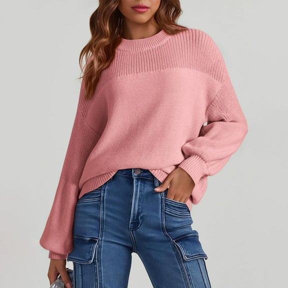 Tauxra Sweaters for Women,Blouses for Women Fashion,Women's Solid Color Round Neck Long Sleeve Knit Sweater,Lantern Sleeve Blouse,Blouses for Women