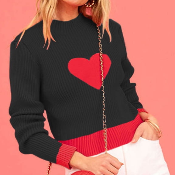 Tauxra Sweaters for Women,Knit Sweater for Women,Women's Heart Color Block Half High Neck Long Sleeve Knit Sweater,Pullover,Long Sweaters for Women