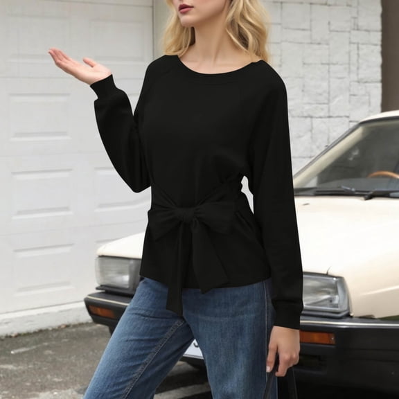 Tauxra Sweatshirt for Women,Bandage Round Neck Blouse for Women,Long Sleeve Solid Color Casual Pullover Top,Sweatshirts for Women,Blouses for Women Fashion