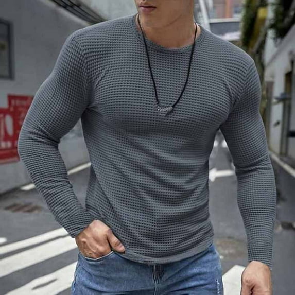 Tauxra Sweatshirts for Men, Casual Fashion Solid Color Breathable Long Sleeve Texture Top, Men's Round Collar Base Shirt