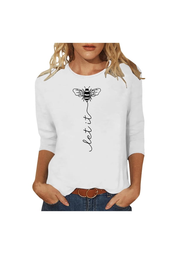T-Shirt for Women 3/4 Sleeve World Bee Day Printed Round Neck Blouse Casual Fashion Top for Spring and Summer