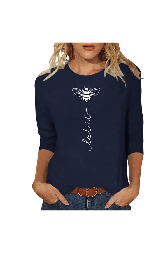 T-Shirt for Women 3/4 Sleeve World Bee Day Printed Round Neck Blouse Casual Fashion Top for Spring and Summer