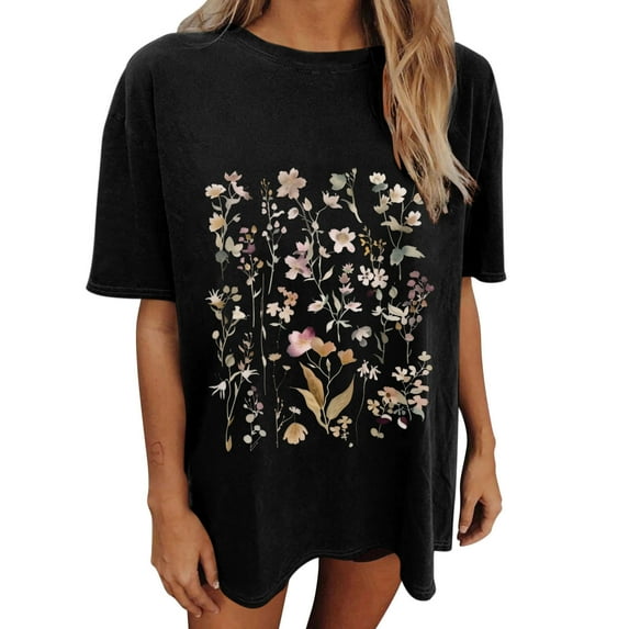 Tauxra T-Shirt for Women with Floral Print and Drop Shoulder, Short Sleeve Round Neck Top for Casual Wear