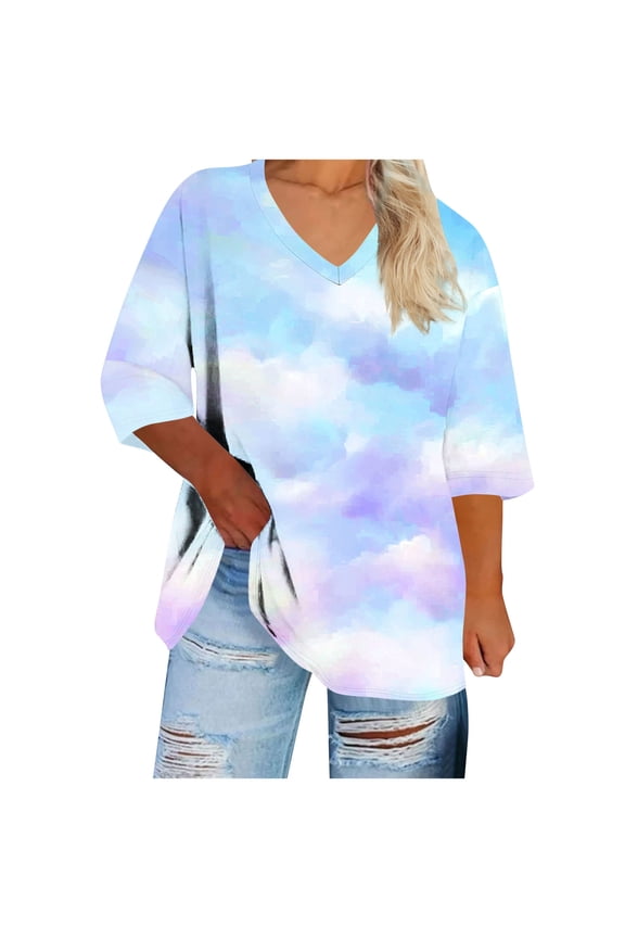T-Shirt for Women with V-Neck and 3/4 Sleeve, Loose Fit Large Size Top, Tie-Dye Print Casual Daily Wear