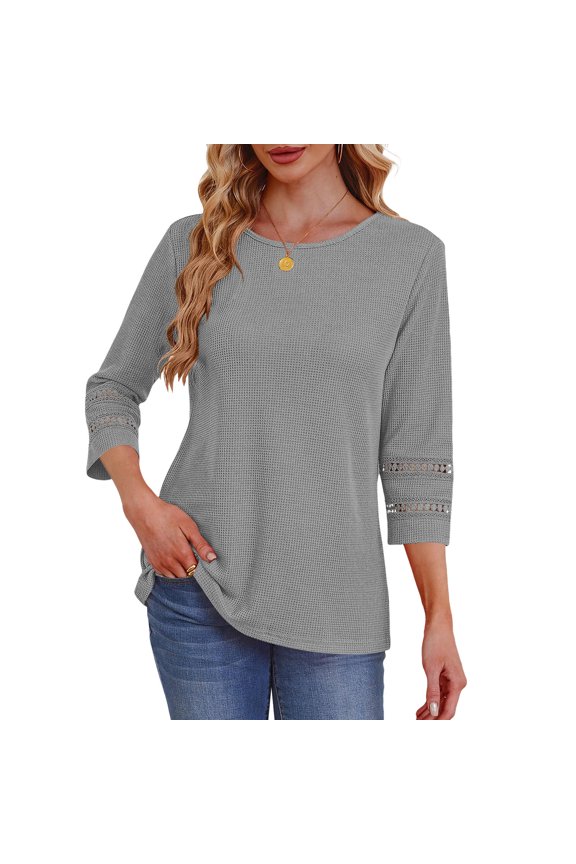 T-Shirts for Women, Solid Color Pineapple 3/4 Sleeve Round Neck Top with Texture, Women's Lace Patchwork T-Shirt