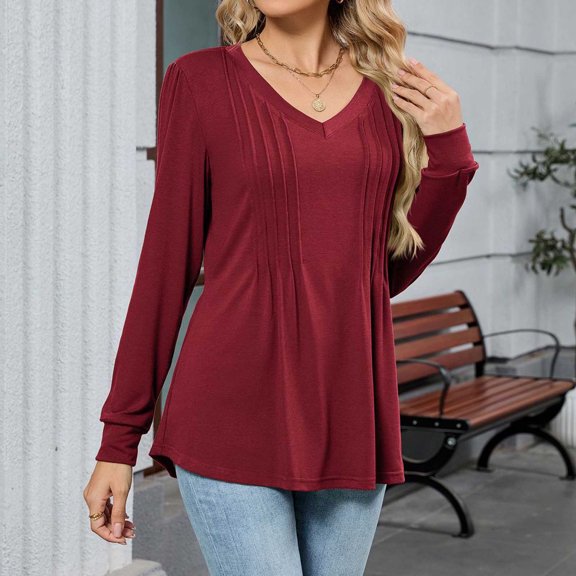 Tauxra T-Shirts for Women,Women's Long Sleeve V Neck T Shirt,Solid Color Loose Fit Top
