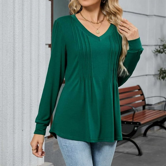 Tauxra T-Shirts for Women,Women's Long Sleeve V Neck T Shirt,Solid Color Loose Fit Top