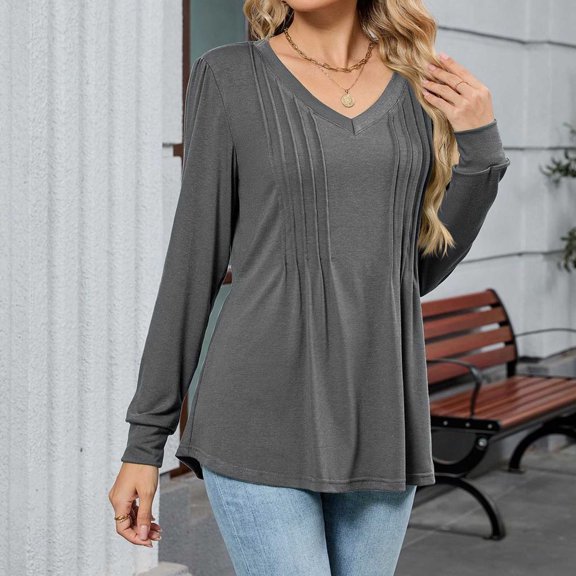 Tauxra T-Shirts for Women,Women's Long Sleeve V Neck T Shirt,Solid Color Loose Fit Top