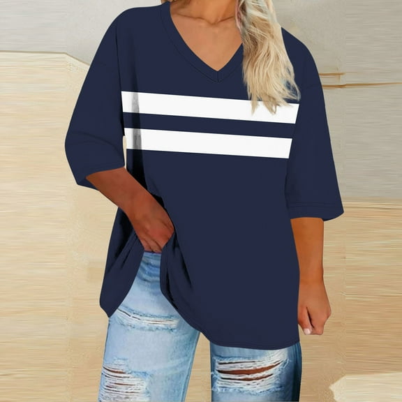 Tauxra T-Shirts for Women,Womens 3/4 Sleeve Tops,Women's Printed V Neck 3/4 Sleeve T Shirt,Loose Fit Large Size Casual Blouse,Womens Fashion Tops