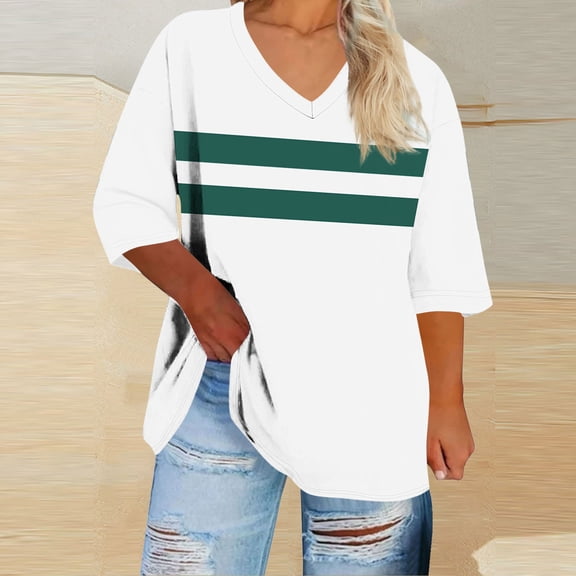 Tauxra T-Shirts for Women,Womens 3/4 Sleeve Tops,Women's Printed V Neck 3/4 Sleeve T Shirt,Loose Fit Large Size Casual Blouse,Womens Fashion Tops